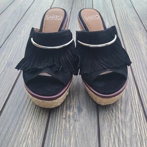 Franco Sarto black velvet wedge sandals with fringe (size 6)